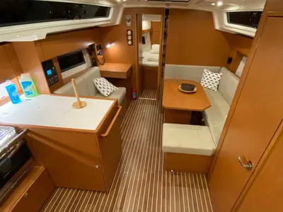 Salon of Luna 3, a Bavaria C38 sailboat at Fethiye, Turkey