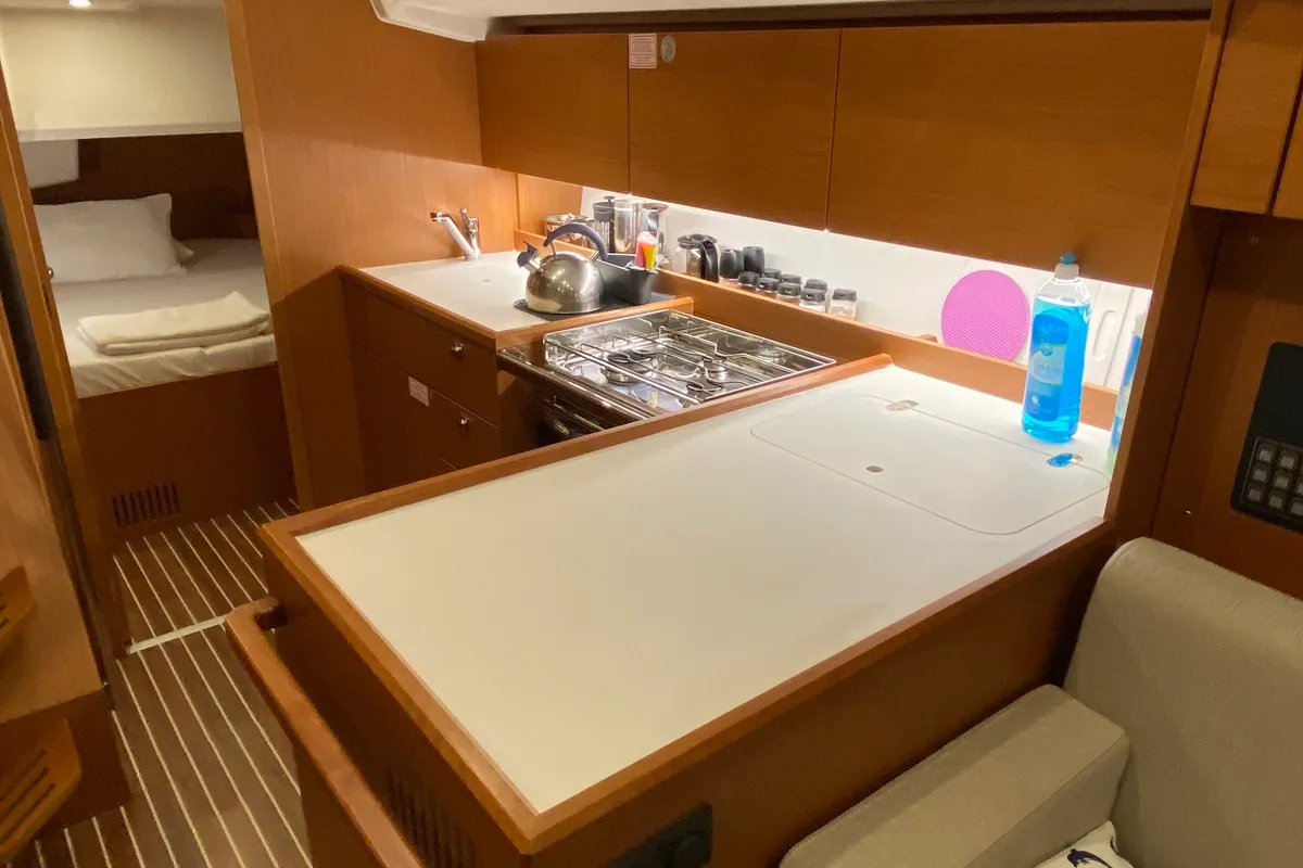 Galley of Luna 3, a Bavaria C38 sailboat at Fethiye, Turkey
