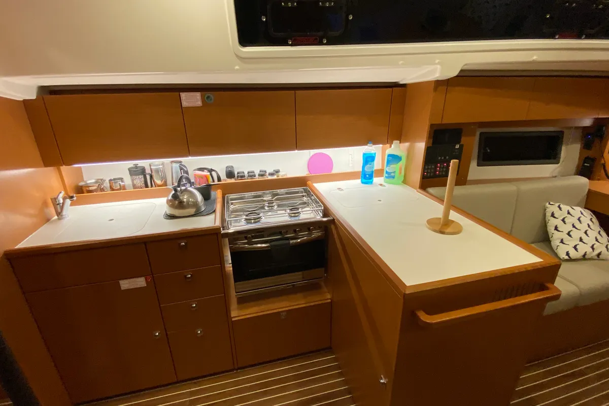 Galley of Luna 3, a Bavaria C38 sailboat at Fethiye, Turkey