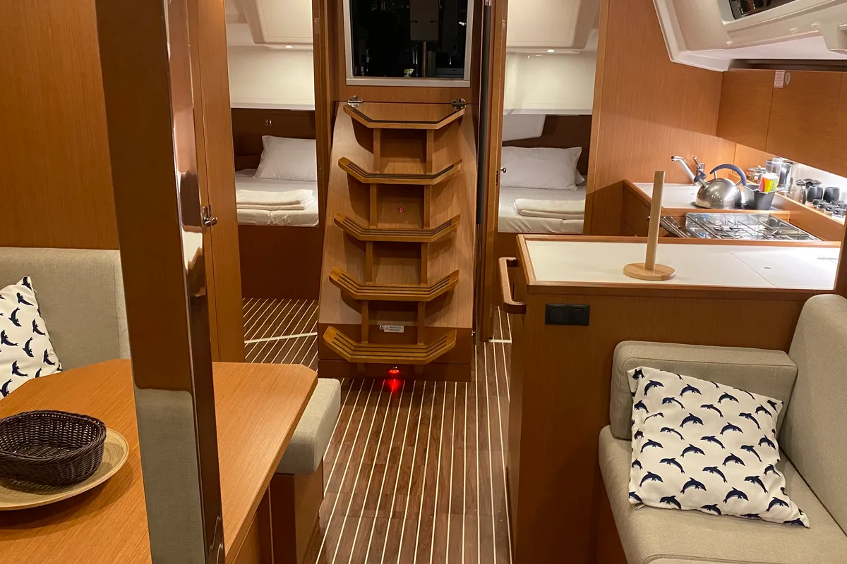 Salon of Luna 3, a Bavaria C38 sailboat at Fethiye, Turkey
