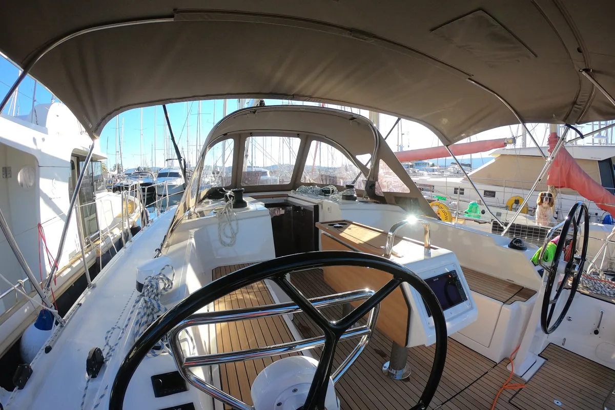 Cockpit of Luna 3, a Bavaria C38 sailboat at Fethiye, Turkey