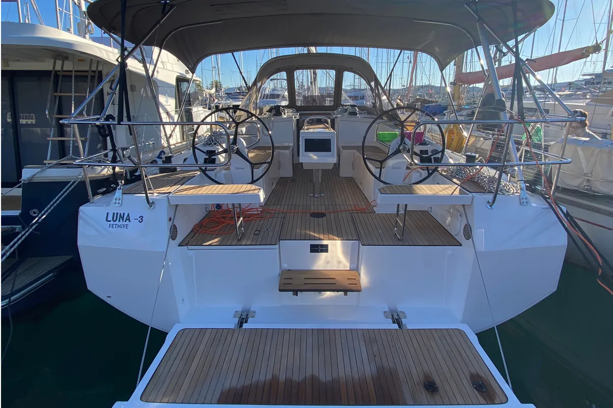 Exterior view of Luna 3, a Bavaria C38 sailboat at Fethiye, Turkey