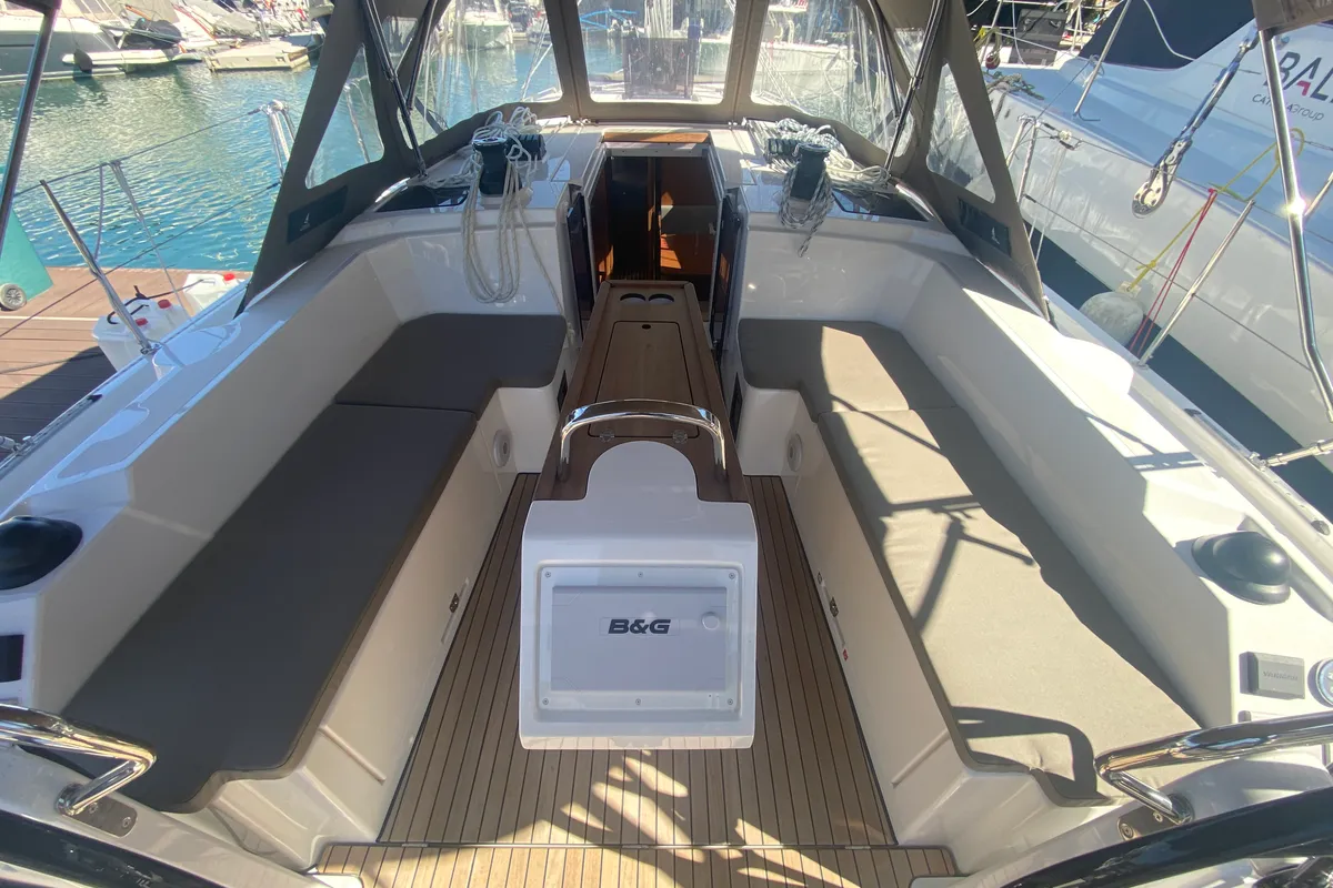 Cockpit of Luna 3, a Bavaria C38 sailboat at Fethiye, Turkey