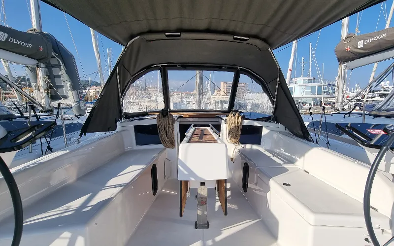 Cockpit of Epicure, a Dufour 37 sailboat at Vallauris, France