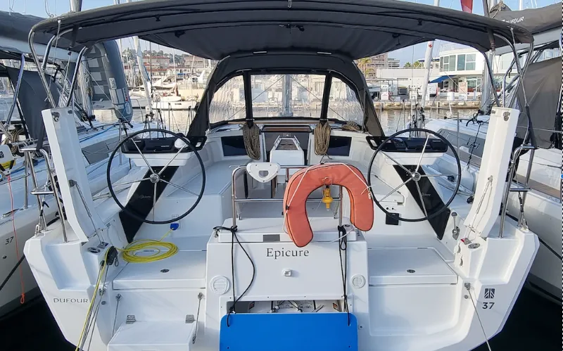 Cockpit of Epicure, a Dufour 37 sailboat at Vallauris, France