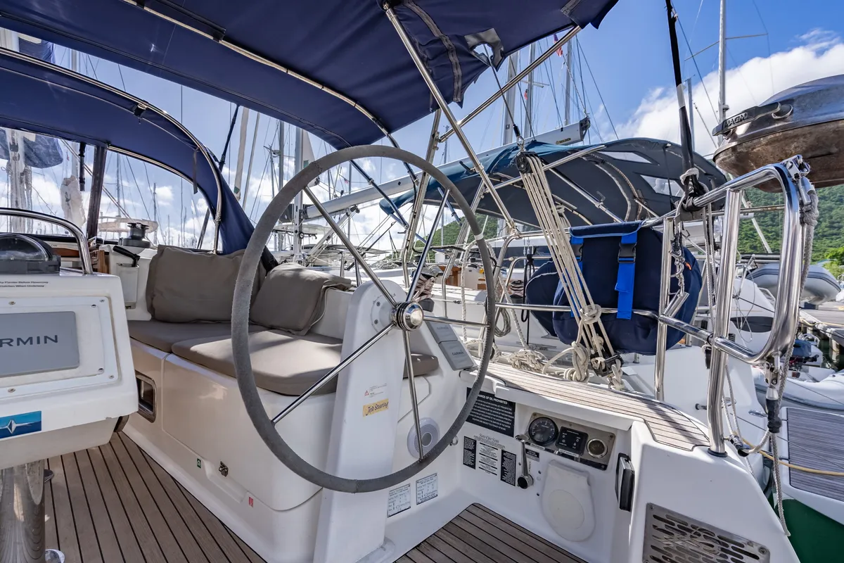 Cockpit of Jitterbug, a Bavaria 37 sailboat at Road Town, British Virgin Islands