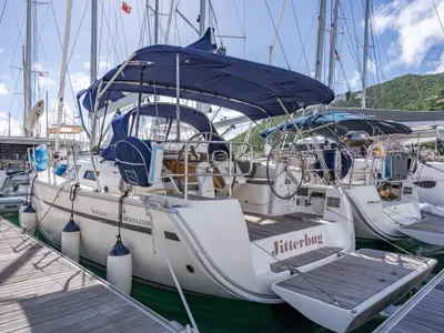 Deck of Jitterbug, a Bavaria 37 sailboat at Road Town, British Virgin Islands