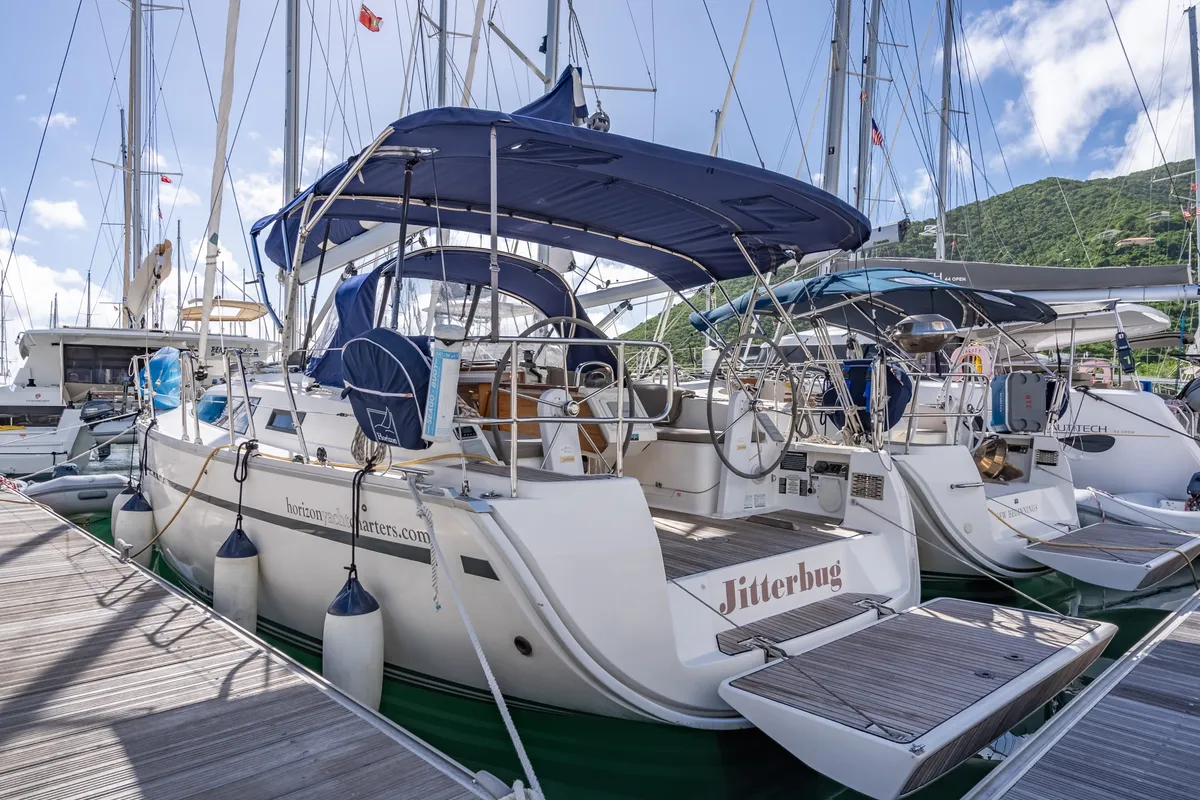 Deck of Jitterbug, a Bavaria 37 sailboat at Road Town, British Virgin Islands