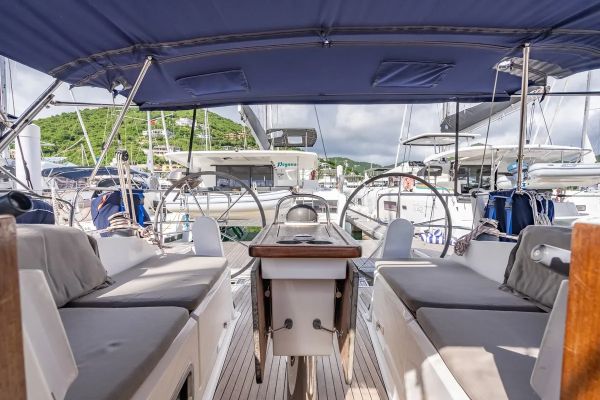 Cockpit of Jitterbug, a Bavaria 37 sailboat at Road Town, British Virgin Islands