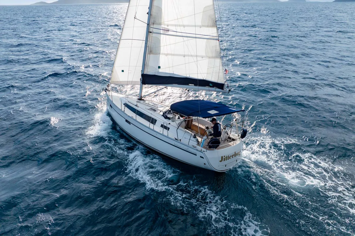 Exterior view of Jitterbug, a Bavaria 37 sailboat at Road Town, British Virgin Islands