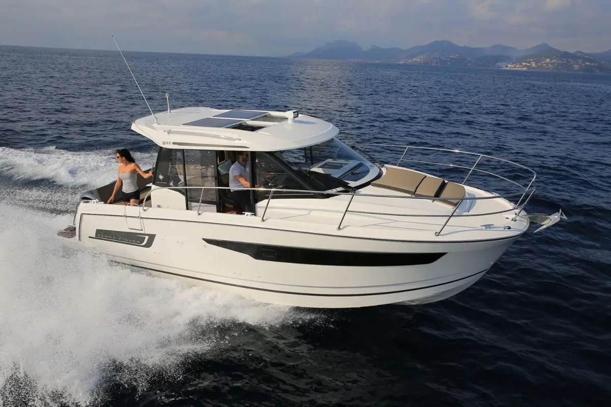 Exterior view of Jonnis, a Jeanneau Merry Fisher 895 Offshore motorboat at Barth, Germany