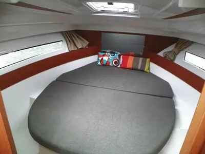 Cabin on Jonnis, a Jeanneau Merry Fisher 895 Offshore motorboat at Barth, Germany
