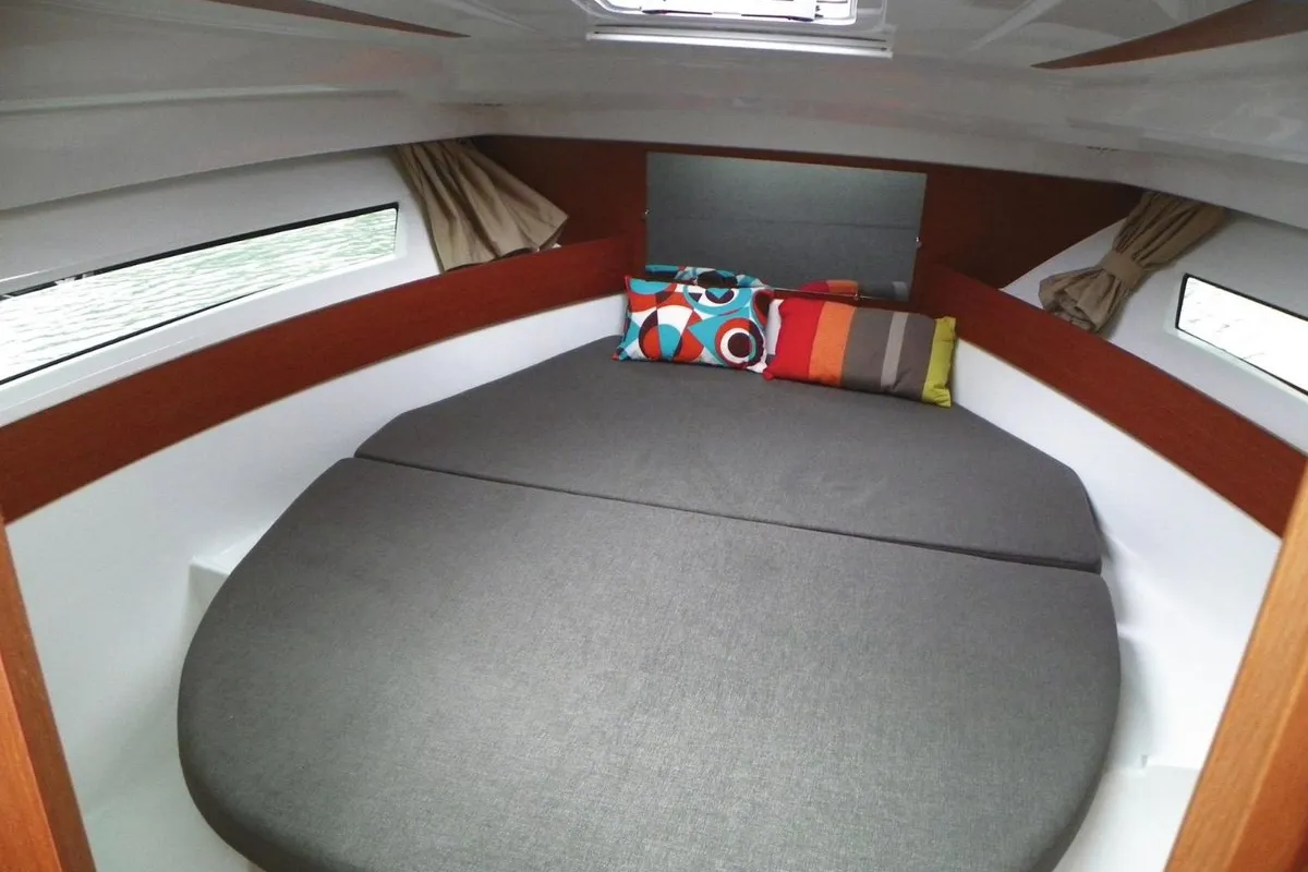 Cabin on Jonnis, a Jeanneau Merry Fisher 895 Offshore motorboat at Barth, Germany