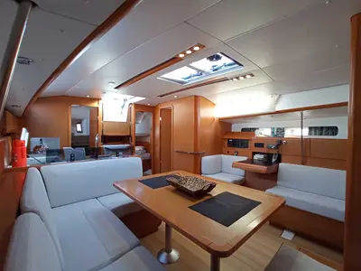 Salon of Blue Swan, a Jeanneau Sun Odyssey 439 sailboat at Municipal Unit of Lefkada, Greece