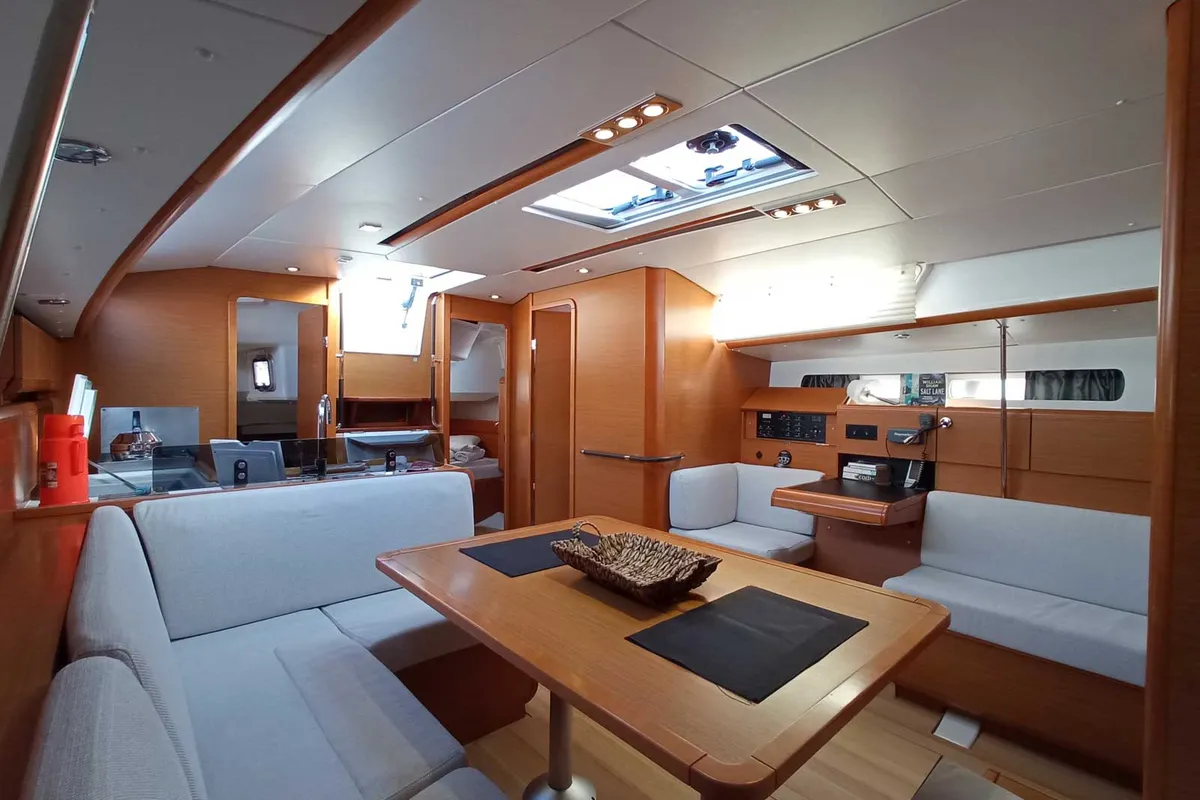 Salon of Blue Swan, a Jeanneau Sun Odyssey 439 sailboat at Municipal Unit of Lefkada, Greece