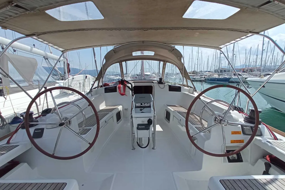 Cockpit of Blue Swan, a Jeanneau Sun Odyssey 439 sailboat at Municipal Unit of Lefkada, Greece
