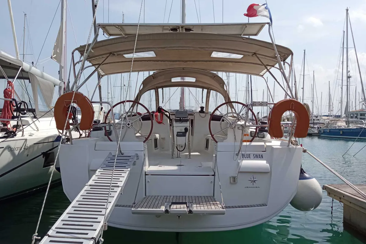 Exterior view of Blue Swan, a Jeanneau Sun Odyssey 439 sailboat at Municipal Unit of Lefkada, Greece