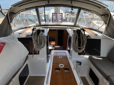 Deck of Abraxan, a Dufour 460 GL sailboat at Olbia, Italy