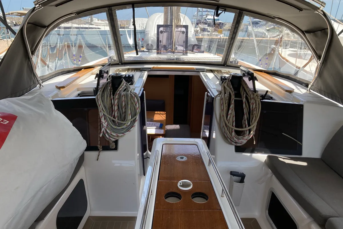 Deck of Abraxan, a Dufour 460 GL sailboat at Olbia, Italy
