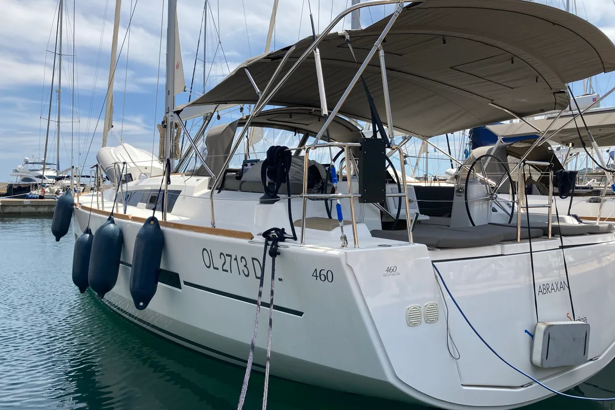 Exterior view of Abraxan, a Dufour 460 GL sailboat at Olbia, Italy