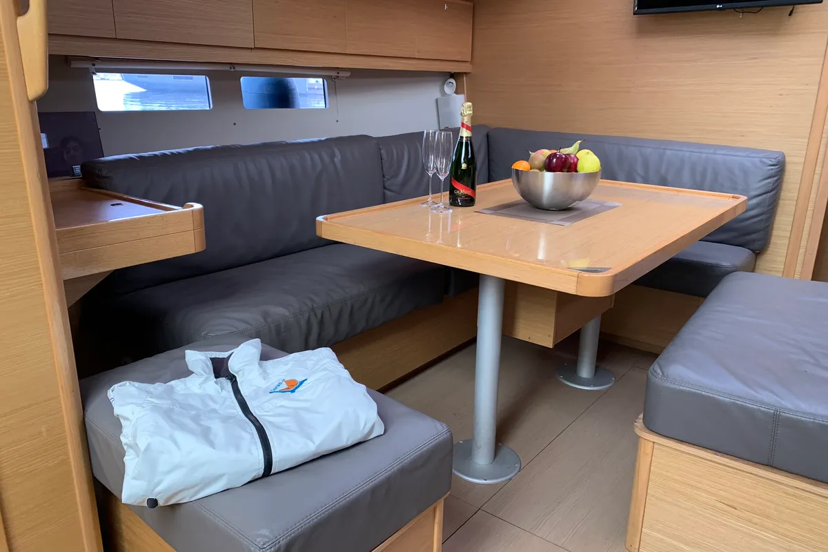 Salon of Abraxan, a Dufour 460 GL sailboat at Olbia, Italy