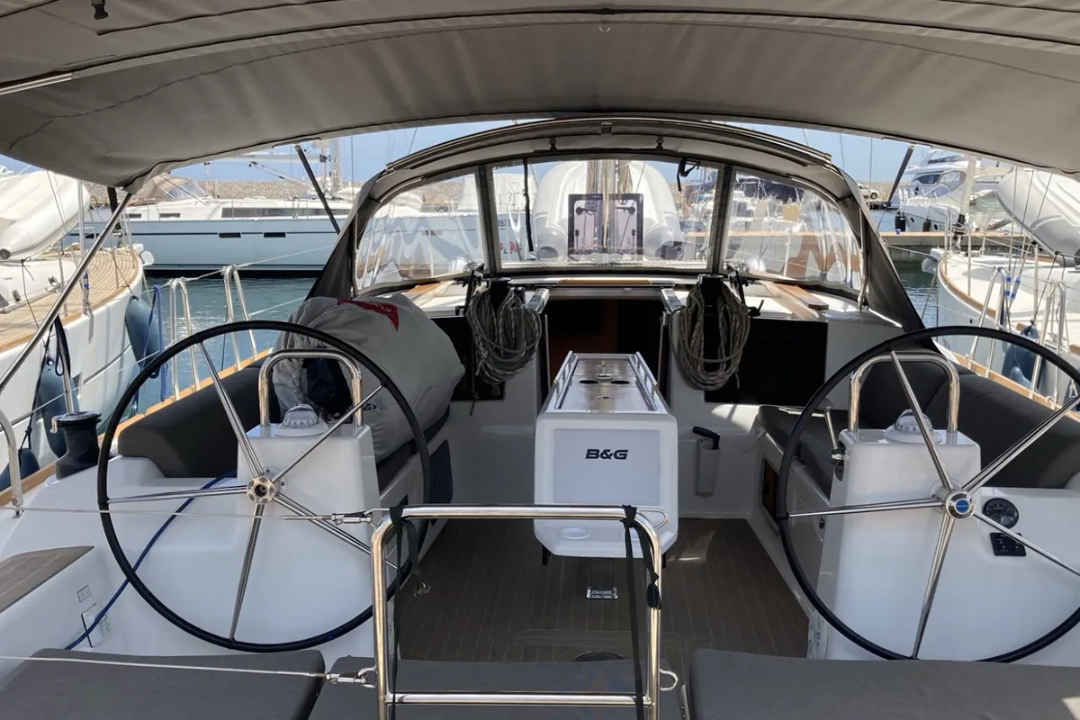 Cockpit of Abraxan, a Dufour 460 GL sailboat at Olbia, Italy