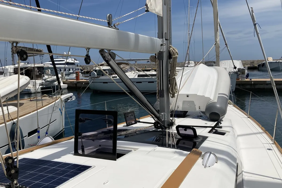 Deck of Abraxan, a Dufour 460 GL sailboat at Olbia, Italy