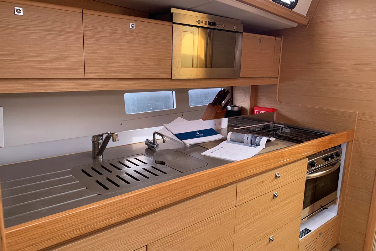 Galley of Abraxan, a Dufour 460 GL sailboat at Olbia, Italy