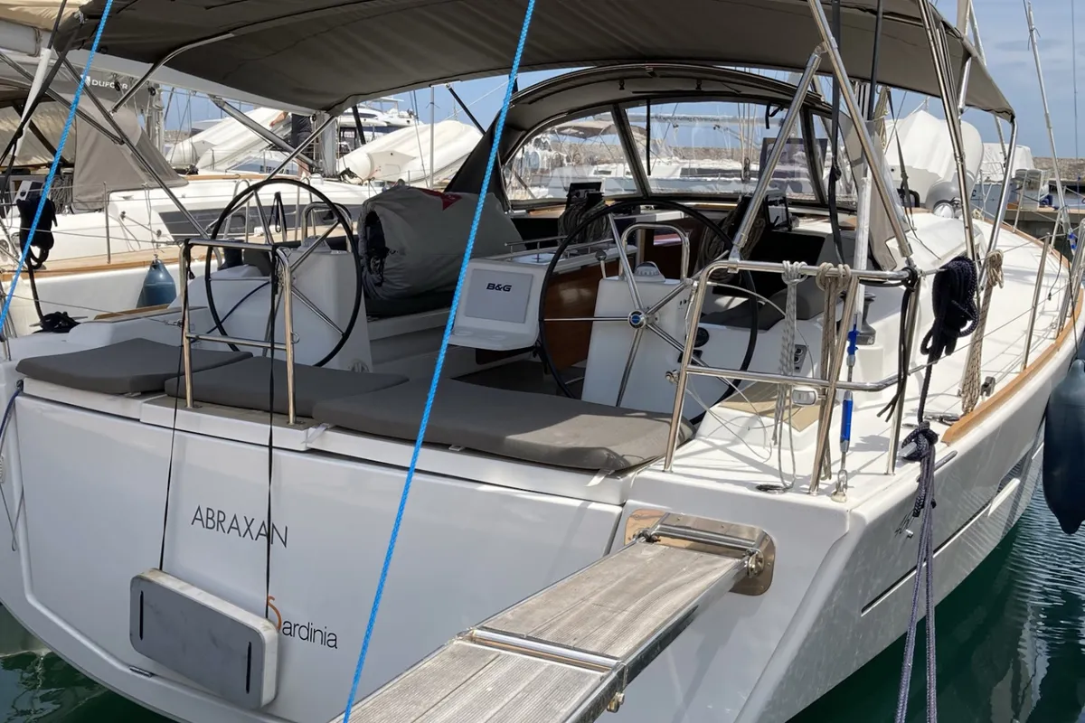 Exterior view of Abraxan, a Dufour 460 GL sailboat at Olbia, Italy