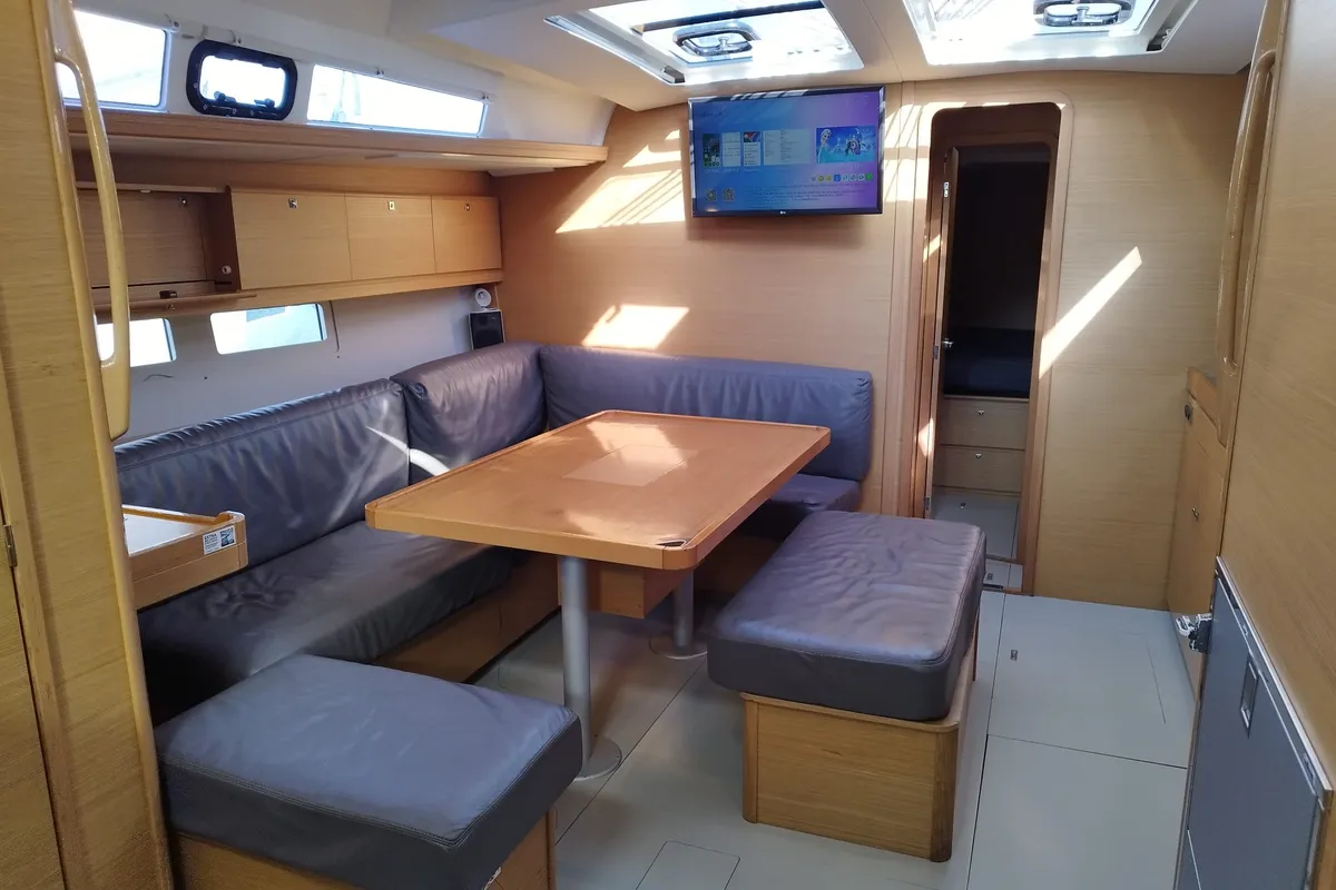 Salon of Abraxan, a Dufour 460 GL sailboat at Olbia, Italy