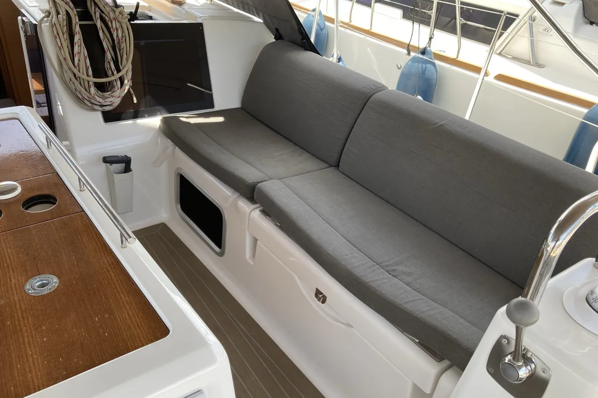 Deck of Abraxan, a Dufour 460 GL sailboat at Olbia, Italy