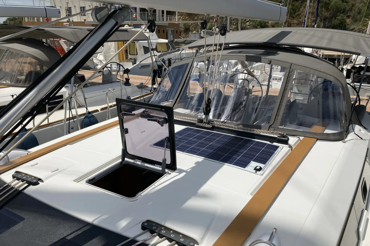Deck of Abraxan, a Dufour 460 GL sailboat at Olbia, Italy