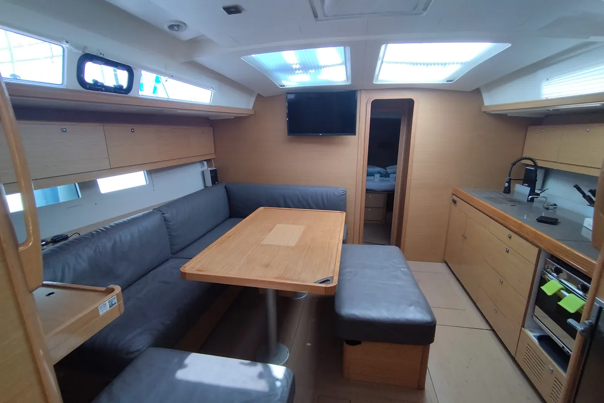 Salon of Abraxan, a Dufour 460 GL sailboat at Olbia, Italy