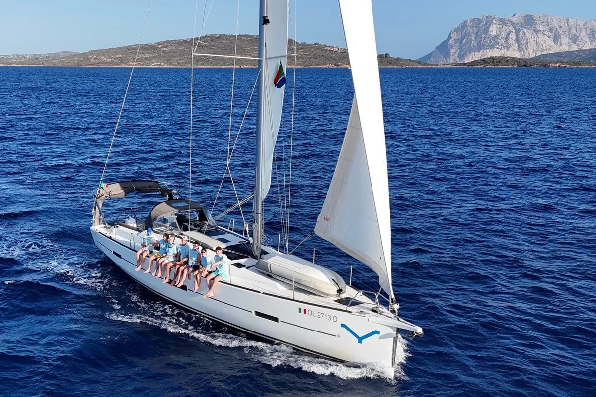 Exterior view of Abraxan, a Dufour 460 GL sailboat at Olbia, Italy