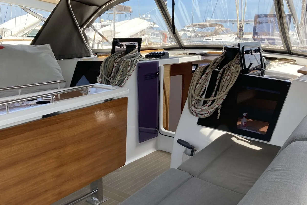 Deck of Abraxan, a Dufour 460 GL sailboat at Olbia, Italy