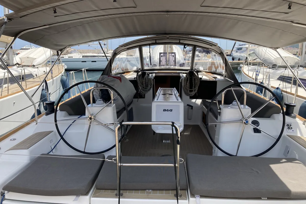 Cockpit of Abraxan, a Dufour 460 GL sailboat at Olbia, Italy