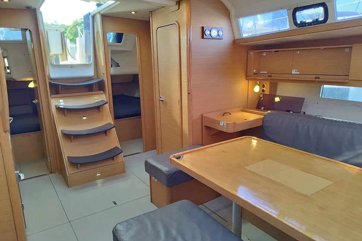 Salon of Abraxan, a Dufour 460 GL sailboat at Olbia, Italy