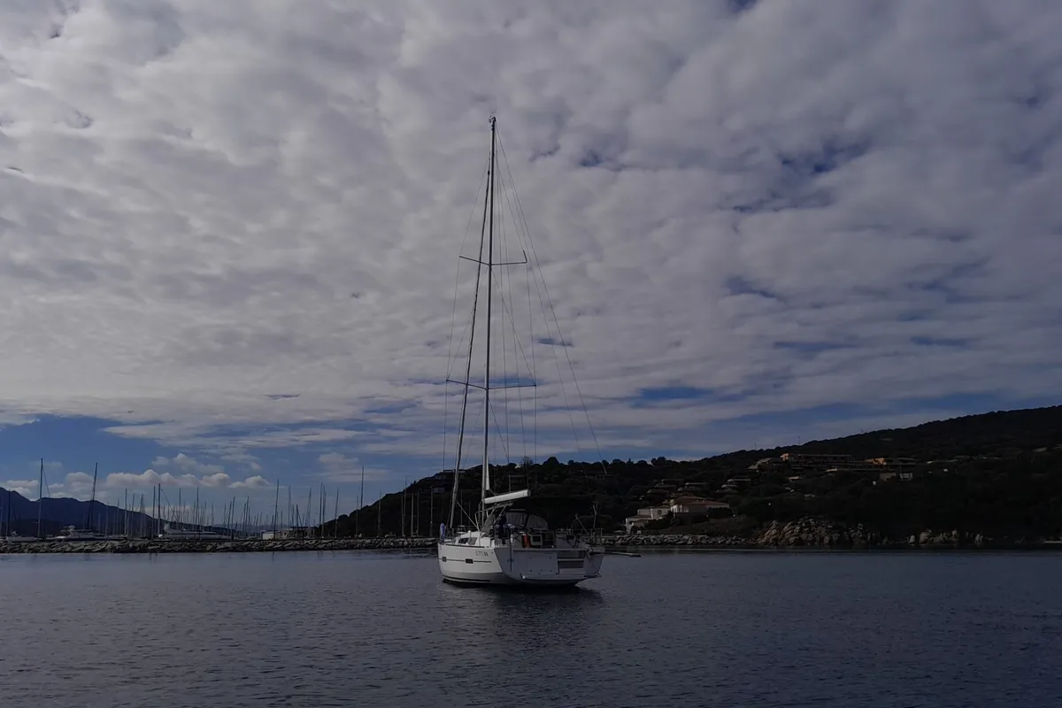 Exterior view of Abraxan, a Dufour 460 GL sailboat at Olbia, Italy