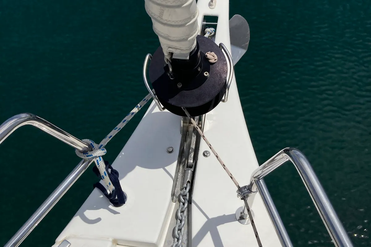 Deck of Abraxan, a Dufour 460 GL sailboat at Olbia, Italy