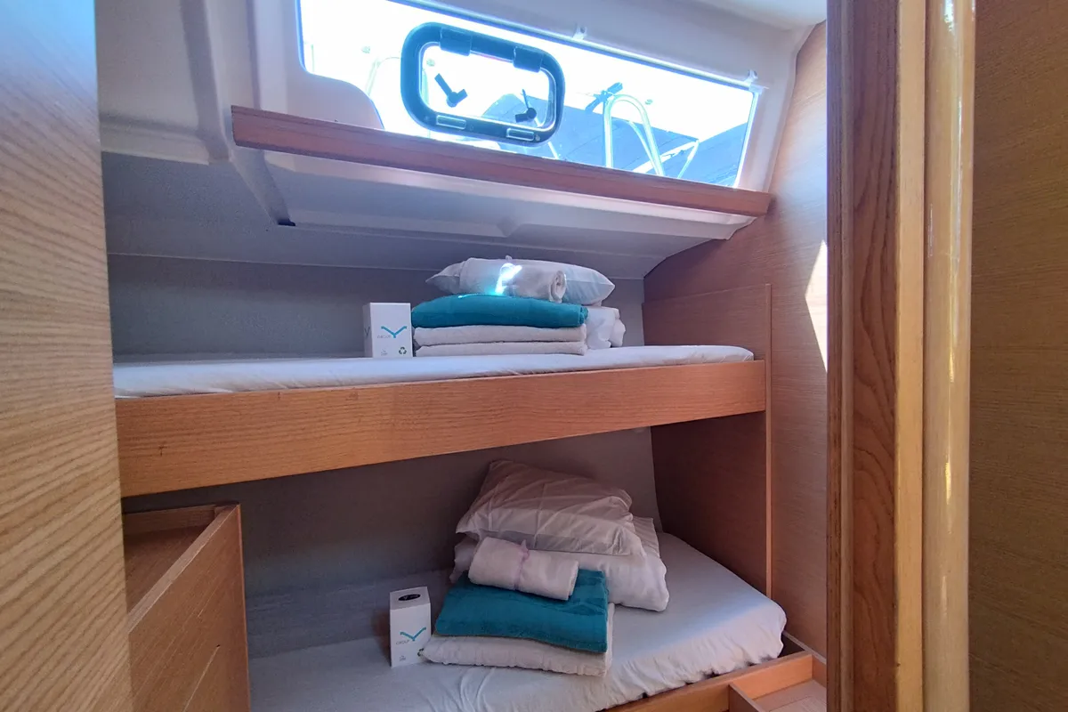 Cabin on Abraxan, a Dufour 460 GL sailboat at Olbia, Italy