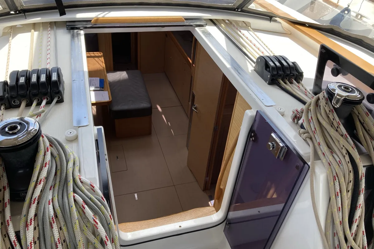 Deck of Abraxan, a Dufour 460 GL sailboat at Olbia, Italy