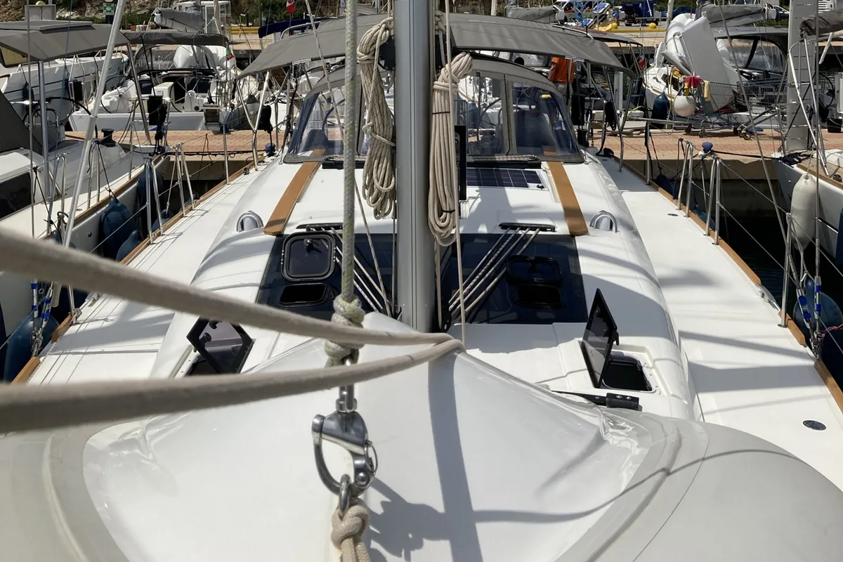 Deck of Abraxan, a Dufour 460 GL sailboat at Olbia, Italy