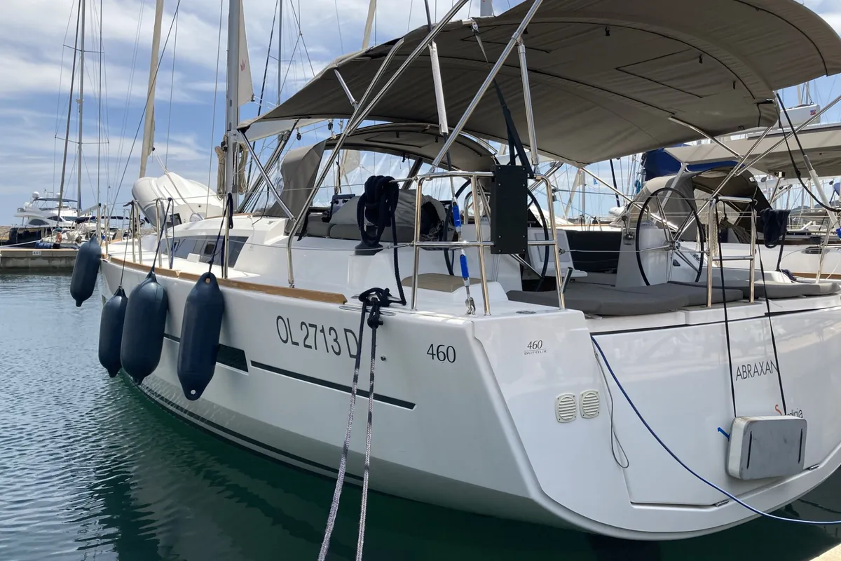 Exterior view of Abraxan, a Dufour 460 GL sailboat at Olbia, Italy