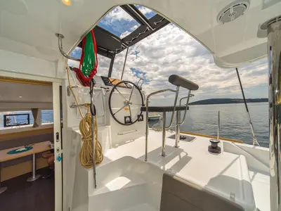 Cockpit of Amazing, a Lagoon 39 catamaran at Split, Croatia