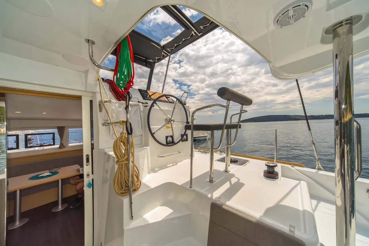 Cockpit of Amazing, a Lagoon 39 catamaran at Split, Croatia