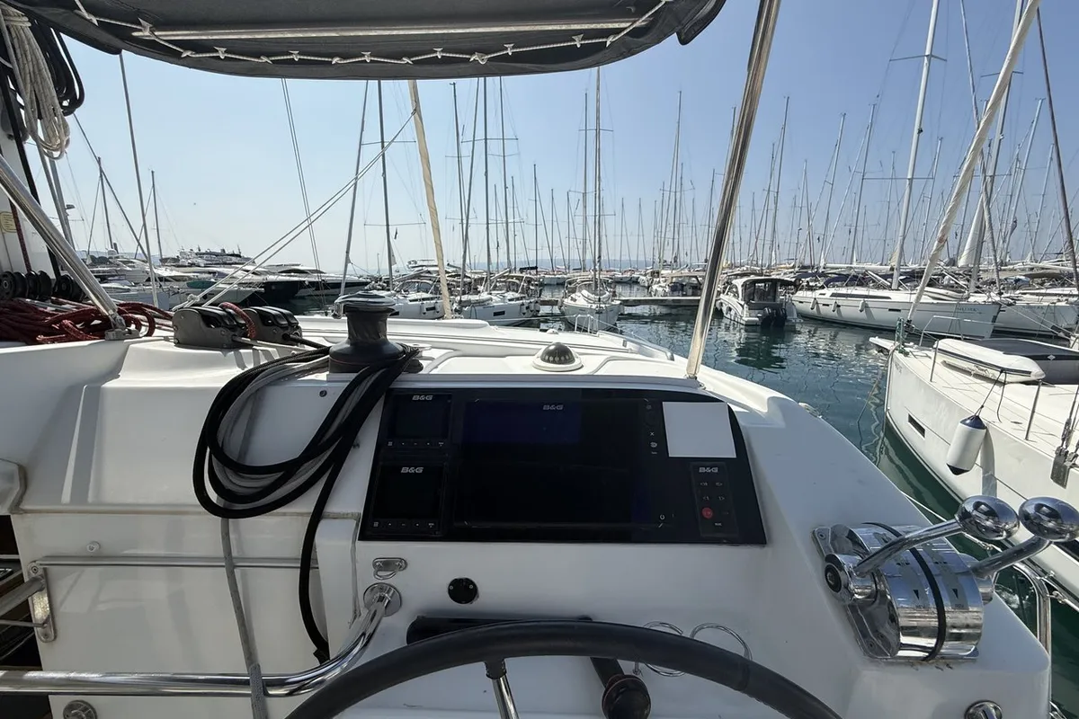 Cockpit of Amazing, a Lagoon 39 catamaran at Split, Croatia