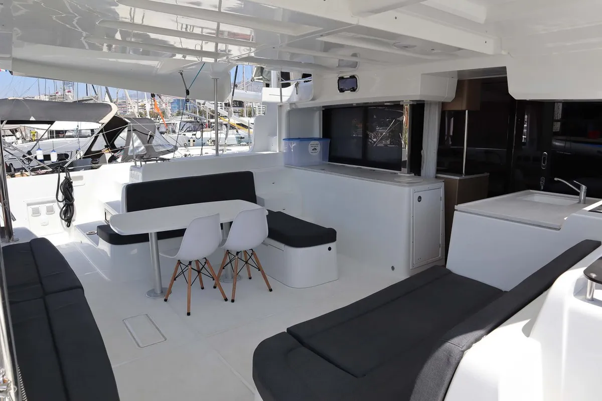 Deck of Krista, a Lagoon 46 Fly catamaran at Athens, Greece
