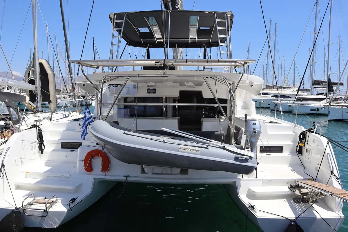 Exterior view of Krista, a Lagoon 46 Fly catamaran at Athens, Greece