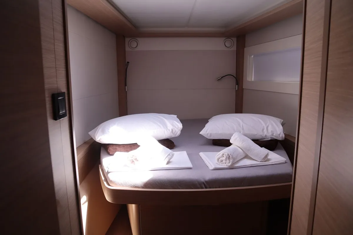 Cabin on Krista, a Lagoon 46 Fly catamaran at Athens, Greece