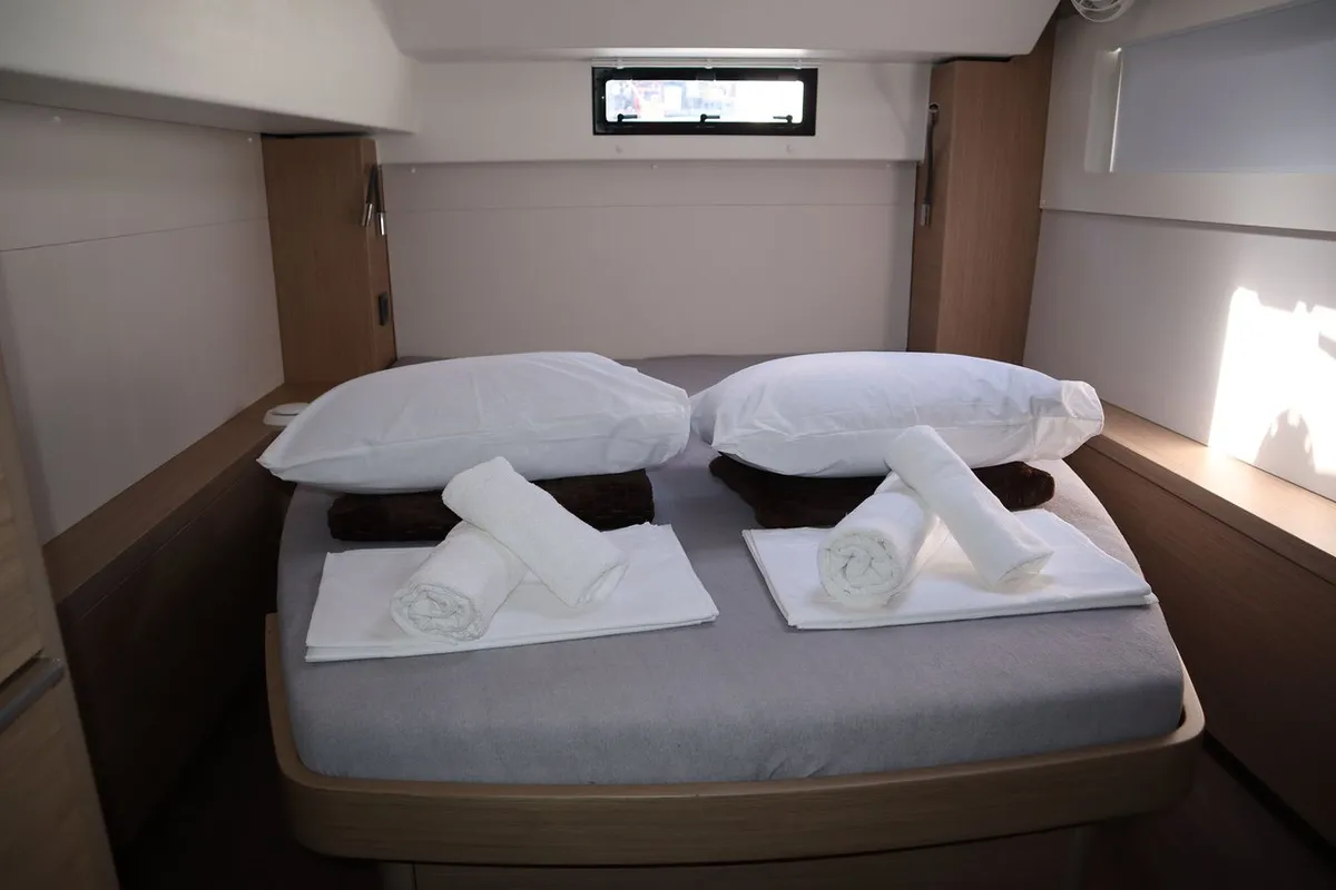 Cabin on Krista, a Lagoon 46 Fly catamaran at Athens, Greece